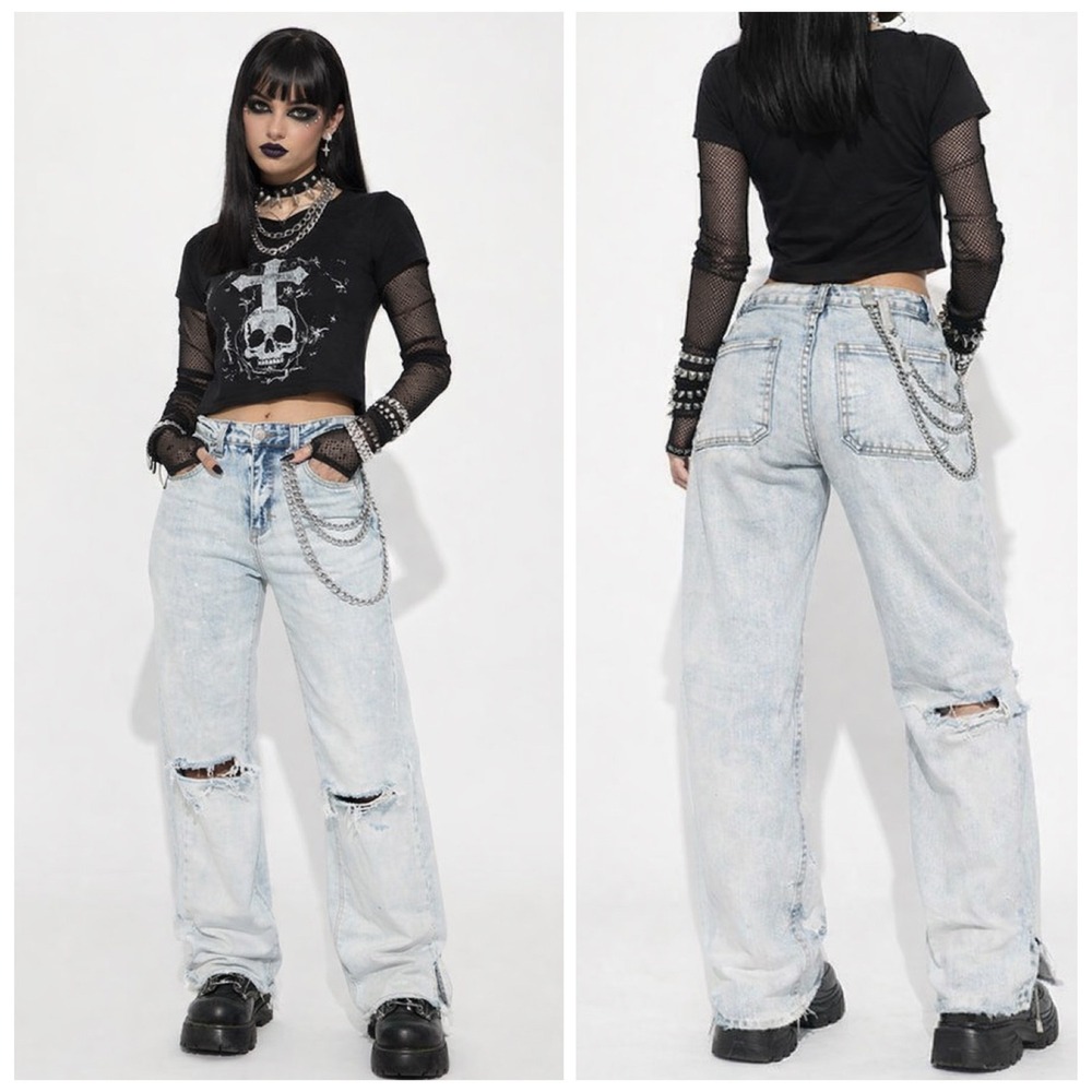 Punk Goth Distressed Light Wash Wide Leg Jeans Ripped Knee Alt Y2K Style NWT